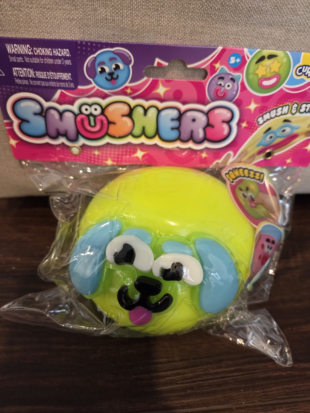 Smusher Bright Yellow & Blue Squeezable Dog Face Toy - Usher
